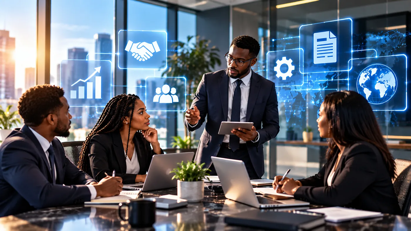 Business professionals collaborating in a modern office