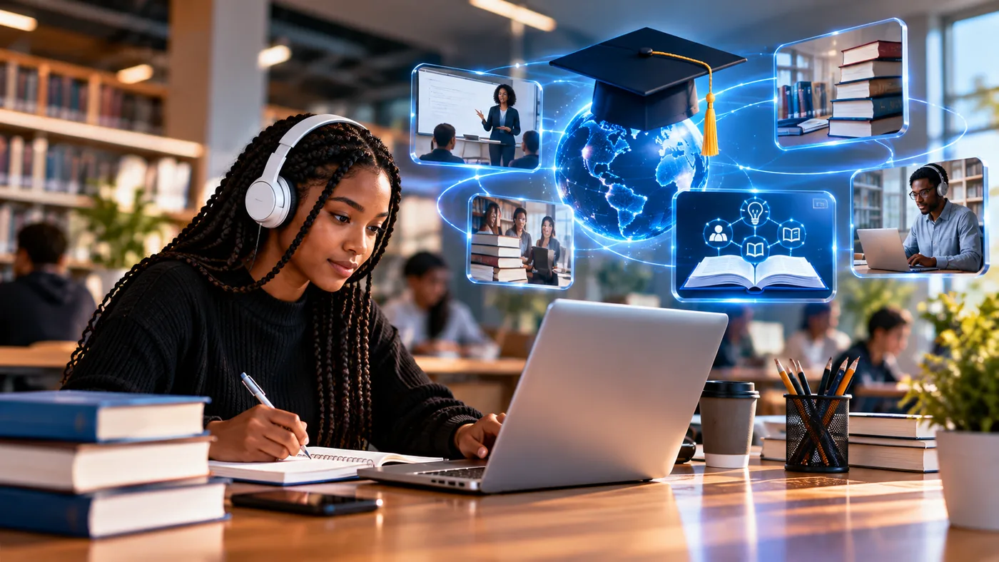Student using digital learning technology in a modern library