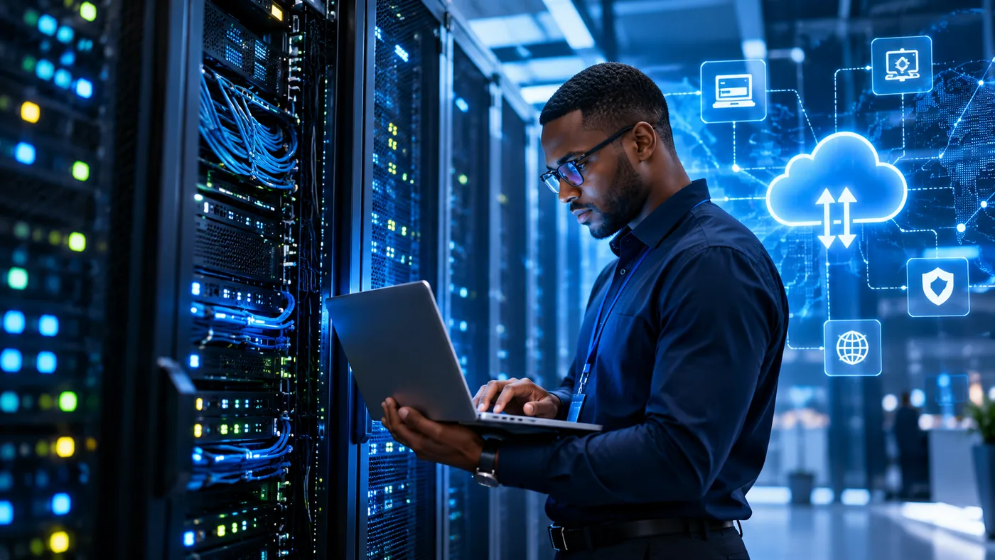 Technology professional working in a modern data center